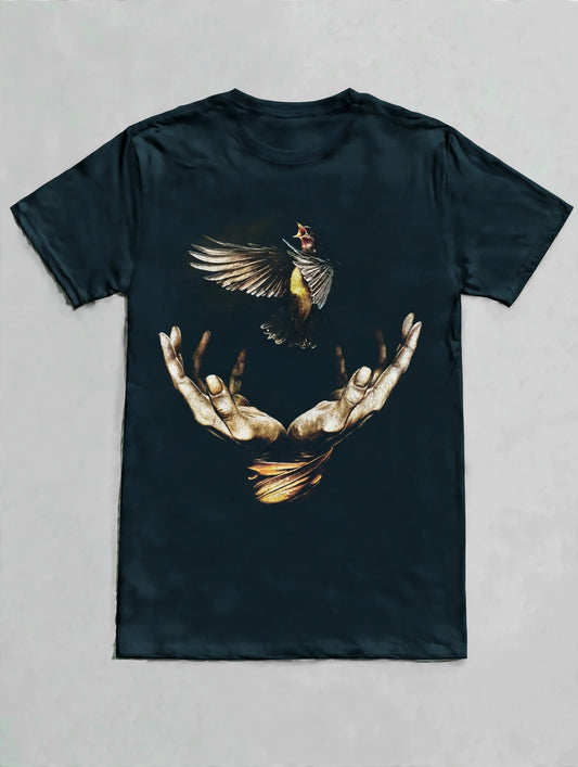 Bird & Hands Artistic Graphic T-shirt