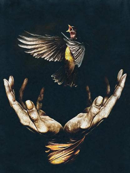 Bird & Hands Artistic Graphic T-shirt
